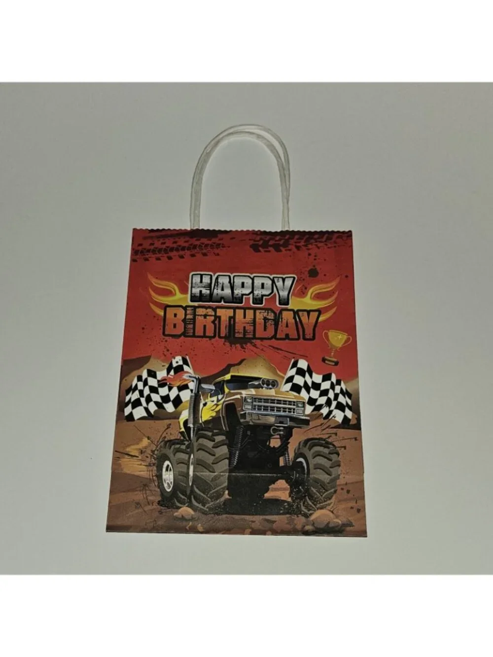 7 Monster Truck Happy Birthday Paper Gift Bag Lot 8.5x6 Green Blue Red Yellow